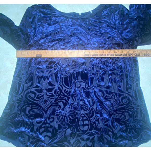 Blue Velvet Burnout Blouse Button Back Closure Long Sleeves Grunge Goth *READ* - Picture 5 of 7